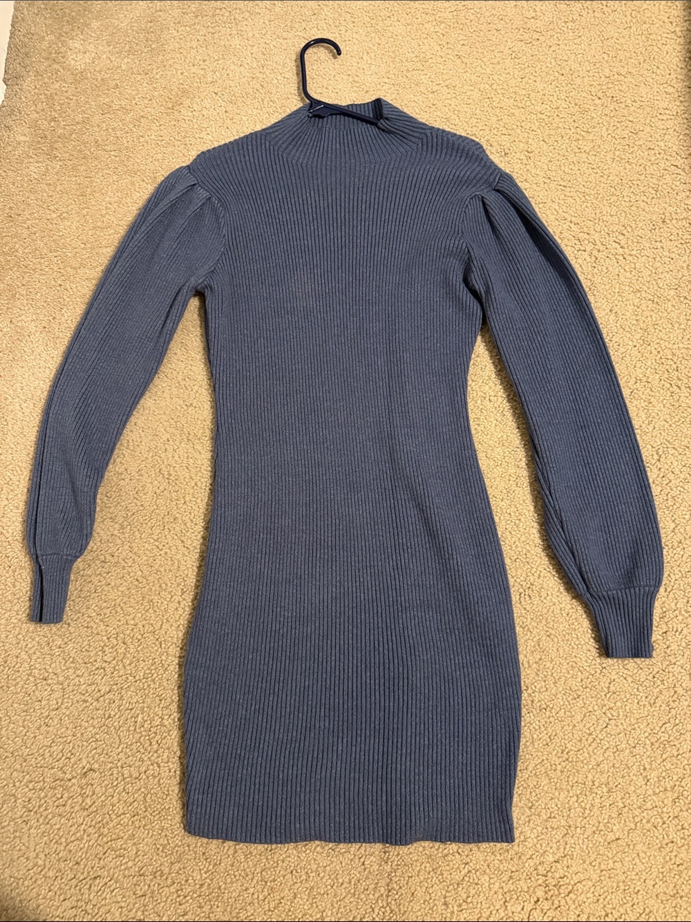 Ribbed Long Sleeve Mock Neck Dress - Blue